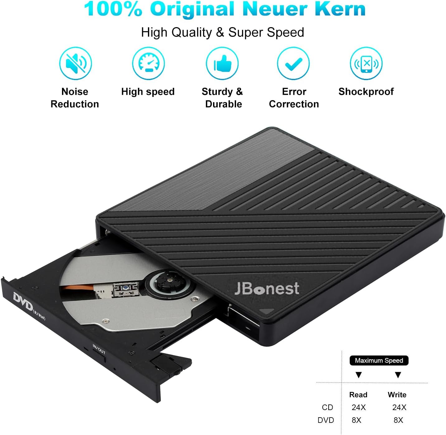 JBonest Externes CD-DVD-Laufwerk USB 3.0 Typ C, extern mit SD/TF-Kartenleser, tragbarer DVD-RW-Brenner, schnelle Datenübertragung für Laptop, Desktop, MacBook, Win11/10/8/7/XP, Linux, Mac OS, Vista