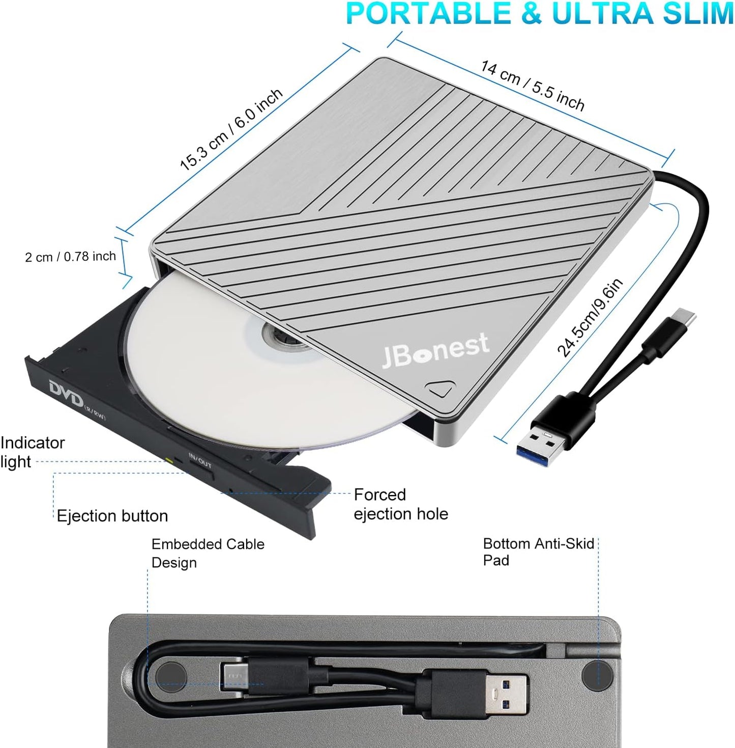 Externes CD-DVD-Laufwerk USB 3.0 Typ C, extern mit SD/TF-Kartenleser, tragbarer RW-Brenner, schnelle Datenübertragung für Laptop, Desktop, MacBook, Win11/10/8/7/XP, Linux, Mac OS, Vista