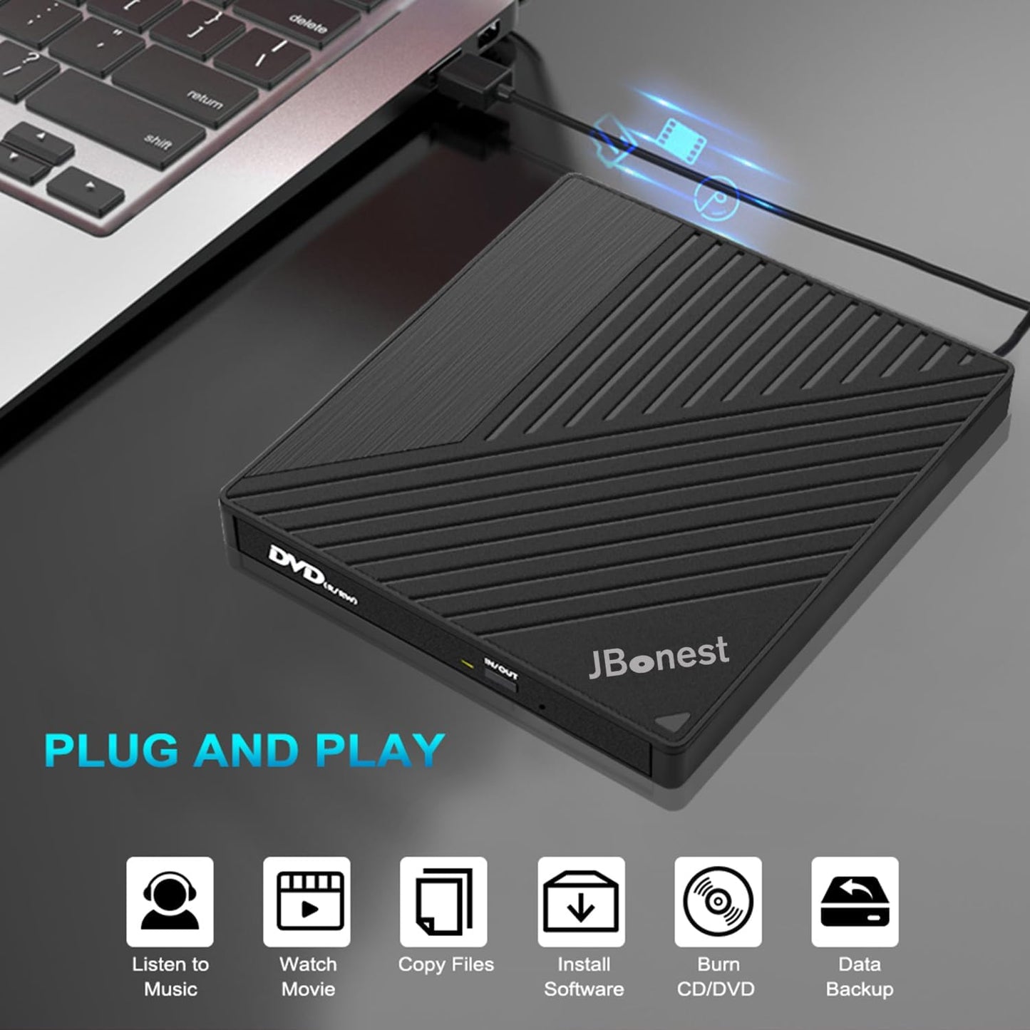 JBonest Externes CD-DVD-Laufwerk USB 3.0 Typ C, extern mit SD/TF-Kartenleser, tragbarer DVD-RW-Brenner, schnelle Datenübertragung für Laptop, Desktop, MacBook, Win11/10/8/7/XP, Linux, Mac OS, Vista