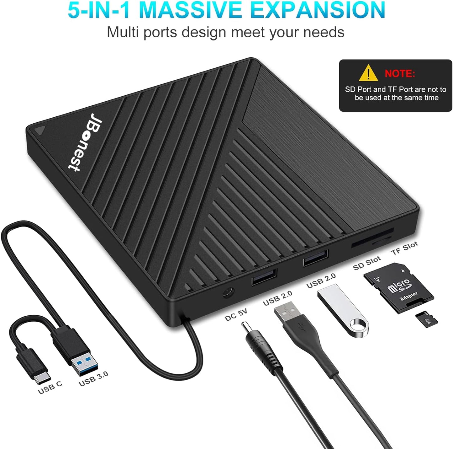 JBonest Externes CD-DVD-Laufwerk USB 3.0 Typ C, extern mit SD/TF-Kartenleser, tragbarer DVD-RW-Brenner, schnelle Datenübertragung für Laptop, Desktop, MacBook, Win11/10/8/7/XP, Linux, Mac OS, Vista
