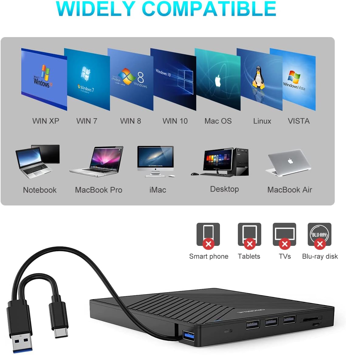 Externes DVD-Laufwerk (Grau), Linux, Windows XP, Windows 10
