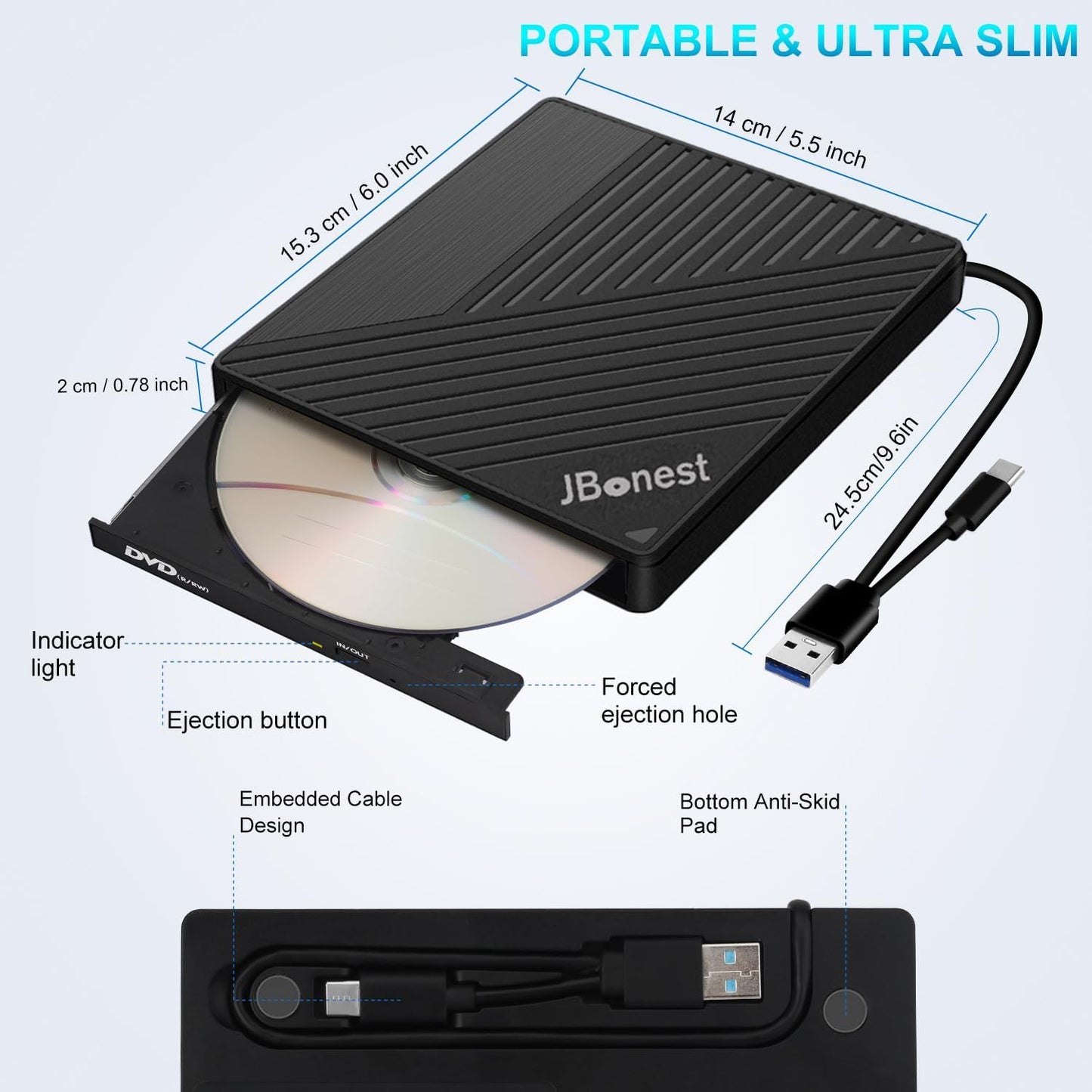 JBonest Externes CD-DVD-Laufwerk USB 3.0 Typ C, extern mit SD/TF-Kartenleser, tragbarer DVD-RW-Brenner, schnelle Datenübertragung für Laptop, Desktop, MacBook, Win11/10/8/7/XP, Linux, Mac OS, Vista